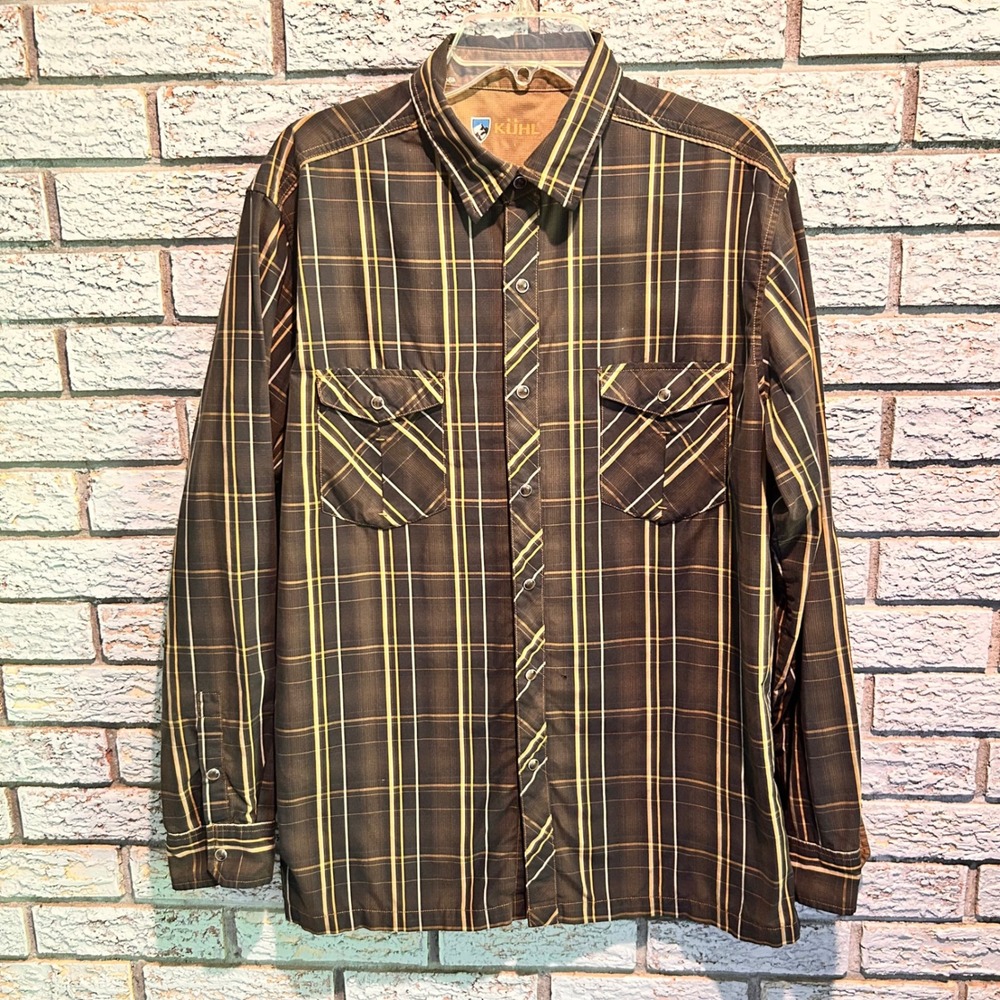 Kuhl Mens Brown‎ Yellow Plaid Pearl Snap Front Western Shirt Long Sleeve Large